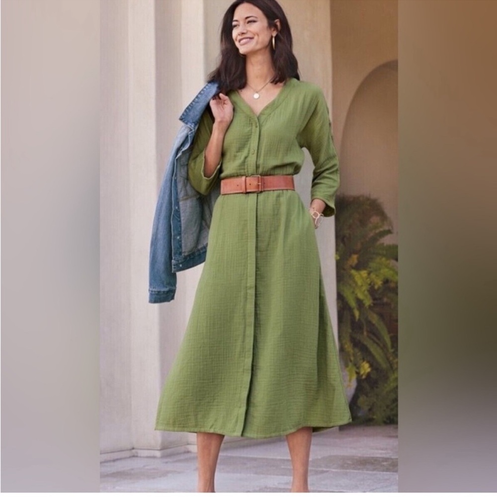 Soft Surroundings Olive Green Button-Front Midi Dress